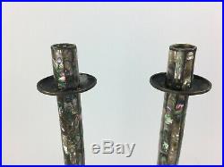 Vintage Los Castillo Mexican Silver Plate Mosaic Shell Tall Candlestick Pair MCM