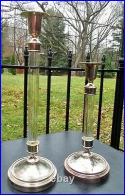 Vintage MCM Silver Plated Candle Holders Glass Column Tall Candlesticks 15.75