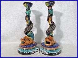 Vintage Majolica Tall Dolphin Candlesticks by MAP Pesaro Italy 13 3/4