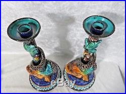 Vintage Majolica Tall Dolphin Candlesticks by MAP Pesaro Italy 13 3/4