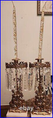 Vintage Marble Bronze 2 Piece Girandole Set Of Crystal Candle Stick Holders