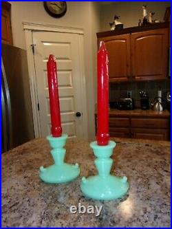 Vintage McKee Jadite Jadeite Laurel Candlesticks Candle Holders
