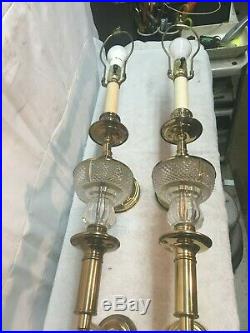 Vintage Mid Century Brass /Glass Pair Candlestick Sconce Wall 3 way light