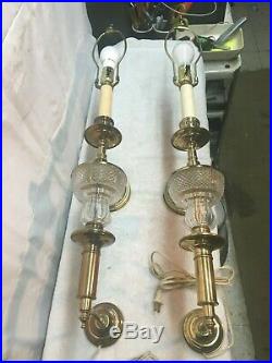 Vintage Mid Century Brass /Glass Pair Candlestick Sconce Wall 3 way light