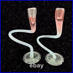 Vintage Mid Century Modern Art Glass Candle Stick Holder Set Lot 2 Pink Swirly