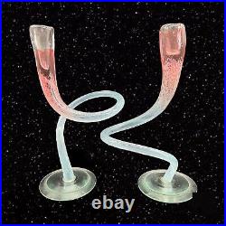 Vintage Mid Century Modern Art Glass Candle Stick Holder Set Lot 2 Pink Swirly