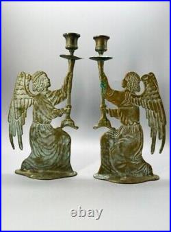 Vintage Mid Century pair of brass candlestick holders flat kneeling angels, Art