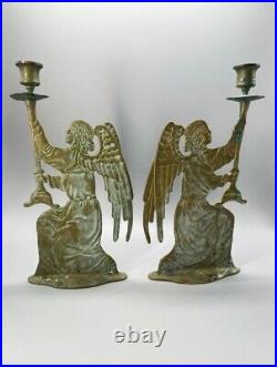 Vintage Mid Century pair of brass candlestick holders flat kneeling angels, Art