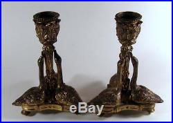 Vintage Mottahedeh Antique Reproduction Gilt Brass Bronze Swan Candlestick Pair