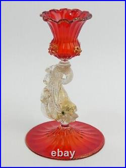 Vintage Murano Fire Red &aventurine Art Glass Dolphin Candlestick