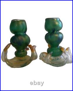 Vintage Murano Iridescent Green Art Glass Candle Stick Holder Pontil Mark 4