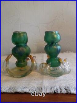 Vintage Murano Iridescent Green Art Glass Candle Stick Holder Pontil Mark 4