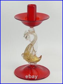 Vintage Murano Ruby & Aventurine Glass Swan Design Candlestick 1960's