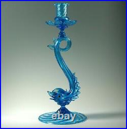 Vintage Murano blue Glass Dolphin Candlestick, 14 Venetian Art Glass