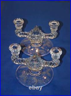 Vintage New Martinsville Etched Flower Glass Double Candlestick Holders Prelude