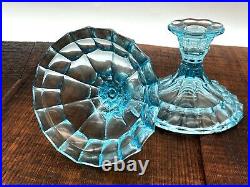 Vintage Old Decorative Pair of Matching Blue Thick Cut Glass Candlesticks