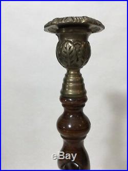 Vintage Open Barley Twist Wooden Candlesticks Candle Holder Brass, 15 Tall