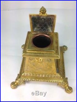 Vintage Ornate Gold Gilt Brass Inkwell, Pen Tray and Two Candlesticks Desk Set