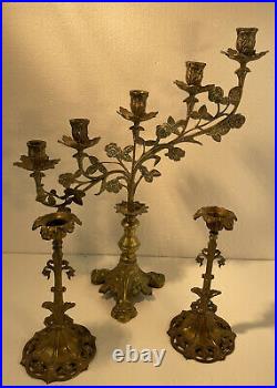 Vintage Ornate Pair Brass Candlestick Holders + Candelabra Wedding Party Decor