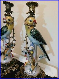 Vintage PAIR 14 Porcelain Cast Bronze or Brass Parrot Bird Candlestick Holders