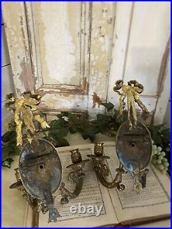 Vintage PAIR Old French BRASS Candle Sconce Wall VICTORIAN Holders Candlesticks