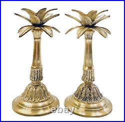 Vintage Pair 10.5 Solid Brass Hollywood Regency Palm Tree Candlestick Holders