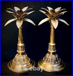 Vintage Pair 10.5 Solid Brass Hollywood Regency Palm Tree Candlestick Holders