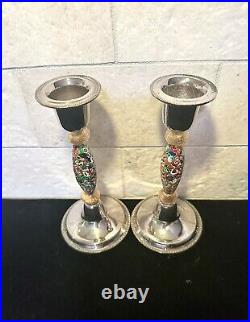 Vintage Pair (2) Murano Glass Millefiori SilverPlate Candlestick Holders 5 3/4