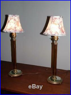 Vintage Pair Art Deco Hollywood Regency Amber Glass Candlestick Table Lamps