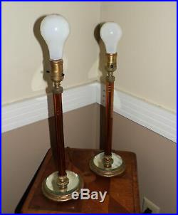 Vintage Pair Art Deco Hollywood Regency Amber Glass Candlestick Table Lamps