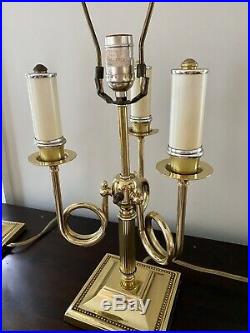 Vintage Pair Brass Bouillotte 3 Arm French Horn Candle Stick Table Desk Lamp