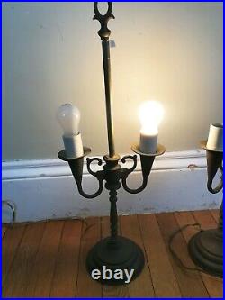 Vintage Pair Brass Bouillotte Table Lamp 2 Candle Stick Nice Patina