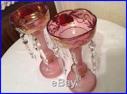 Vintage Pair Cranberry Czechoslovakia Lustre Candlesticks Glass Spearhead Prisms