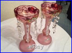 Vintage Pair Cranberry Czechoslovakia Lustre Candlesticks Glass Spearhead Prisms