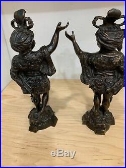 Vintage Pair Elegant Bronze Tone Blackamoor Candle Stick Torch Statue Figurine