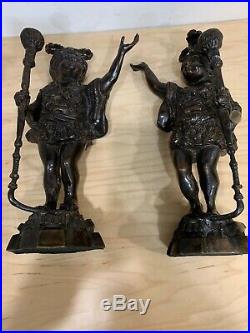 Vintage Pair Elegant Bronze Tone Blackamoor Candle Stick Torch Statue Figurine