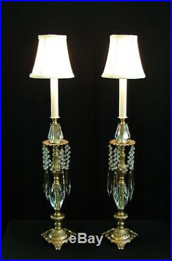 Vintage Pair French Brass Crystals Candlestick Boudoir/Mantel/Buffet Table LAMPS
