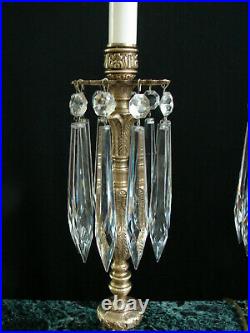 Vintage Pair French Brass Crystals Candlestick Boudoir Mantel Buffet Table LAMPS