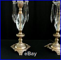Vintage Pair French Brass Crystals Candlestick Boudoir/Mantel/Buffet Table LAMPS