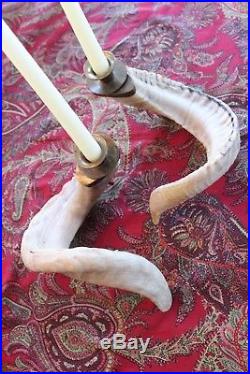 Vintage Pair Genuine Ram Horn Antler Brass Mid Century Candlestick Candle Holder