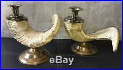 Vintage Pair Genuine Rams Horn Candlestick Candle Holders Brass Trim Regency