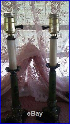 Vintage Pair Hairy Paw Tole Brass Candlestick Table Boudoir Lamps