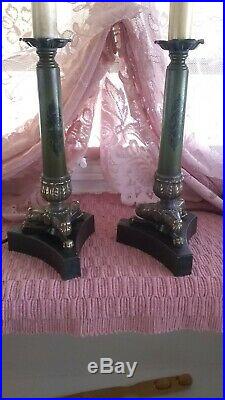 Vintage Pair Hairy Paw Tole Brass Candlestick Table Boudoir Lamps