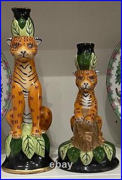 Vintage Pair Jaguar Leopard Cheetah Porcelain Candlestick Hollywood Regency
