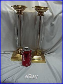 Vintage Pair Lead Crystal Brass 14.75 Tall Candlesticks Candle Holders NICE