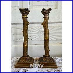 Vintage Pair MCM Bronze Candlestick Holders Cut Tree Branches