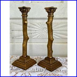 Vintage Pair MCM Bronze Candlestick Holders Cut Tree Branches