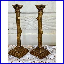 Vintage Pair MCM Bronze Candlestick Holders Cut Tree Branches