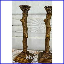 Vintage Pair MCM Bronze Candlestick Holders Cut Tree Branches