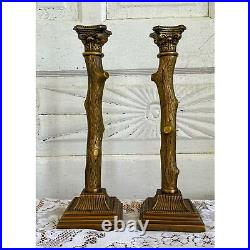 Vintage Pair MCM Bronze Candlestick Holders Cut Tree Branches